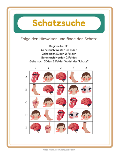 Vorschau: Schatzsuche-Arbeitsblatt mit Körperteile für 1. Klasse