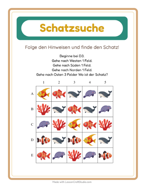 Vorschau: Schatzsuche-Arbeitsblatt mit Meeresleben für 1. Klasse