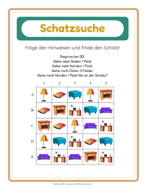 Vorschau: Schatzsuche-Arbeitsblatt mit Möbel für 1. Klasse