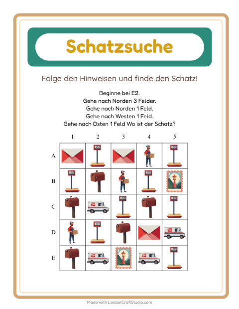 Vorschau: Schatzsuche-Arbeitsblatt mit Postamt für 1. Klasse