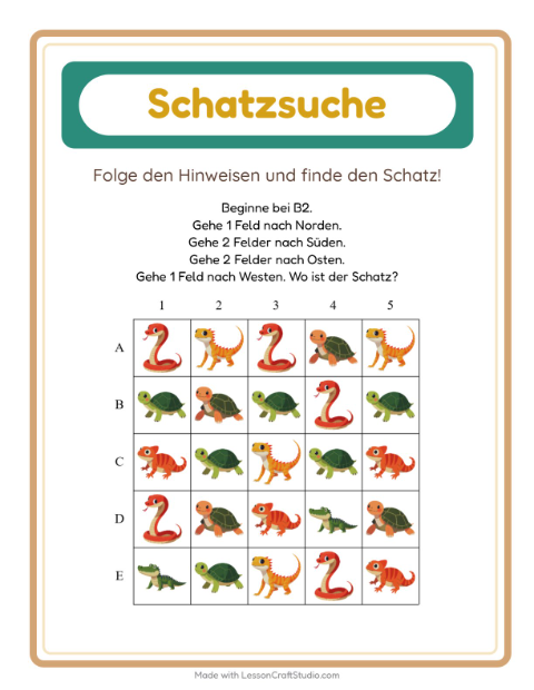 Vorschau: Schatzsuche-Arbeitsblatt mit Reptilien und Amphibien für 1. Klasse