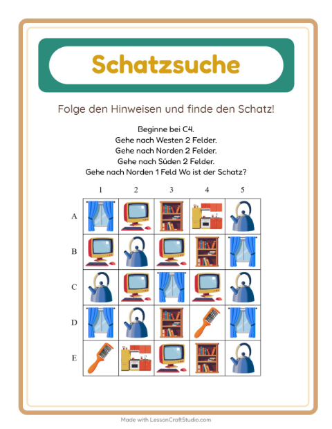 Vorschau: Schatzsuche-Arbeitsblatt mit Rund ums Haus für 1. Klasse