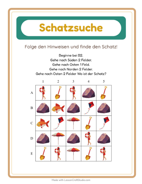 Vorschau: Schatzsuche-Arbeitsblatt mit Strand für 1. Klasse