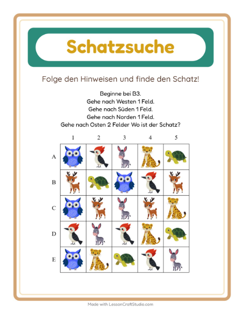 Vorschau: Schatzsuche-Arbeitsblatt mit Tiere für 1. Klasse