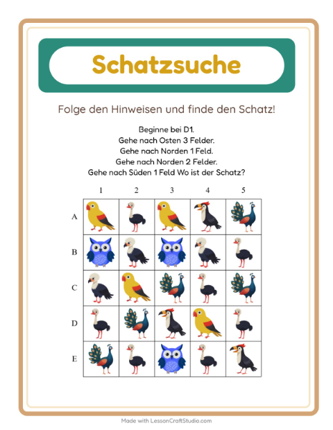 Vorschau: Schatzsuche-Arbeitsblatt mit Vögel für 1. Klasse