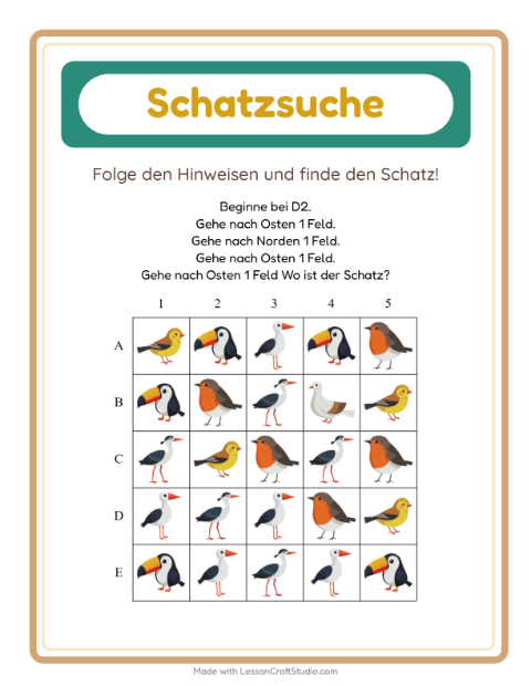 Vorschau: Schatzsuche-Arbeitsblatt mit Vögel 2 für 1. Klasse