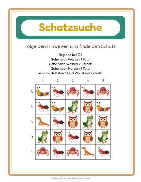 Vorschau: Schatzsuche-Arbeitsblatt mit Waldtiere für 1. Klasse