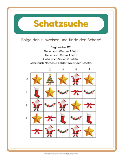 Vorschau: Schatzsuche-Arbeitsblatt mit Weihnachten für 1. Klasse