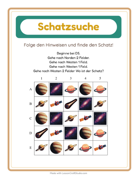 Vorschau: Schatzsuche-Arbeitsblatt mit Weltraum für 1. Klasse