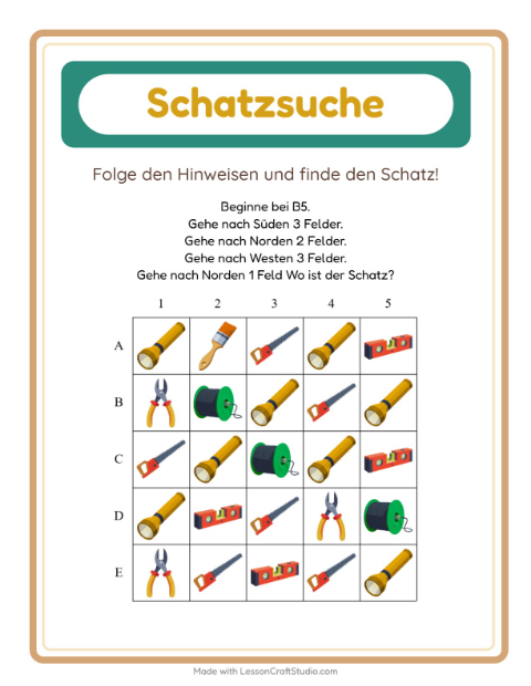 Vorschau: Schatzsuche-Arbeitsblatt mit Werkzeuge für 1. Klasse