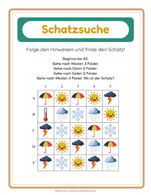 Vorschau: Schatzsuche-Arbeitsblatt mit Wetter für 1. Klasse