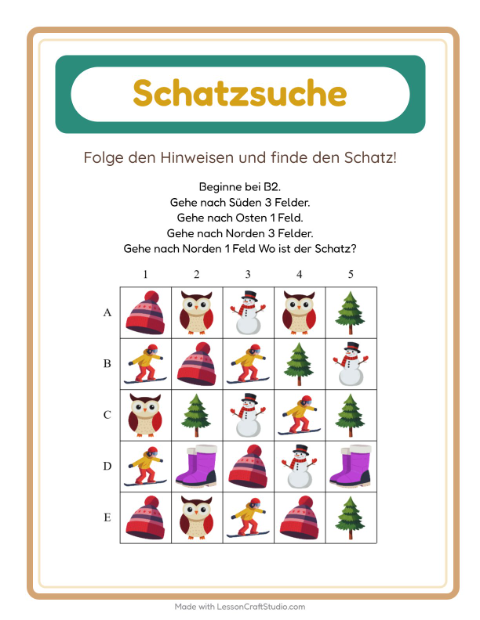 Vorschau: Schatzsuche-Arbeitsblatt mit Winter für 1. Klasse