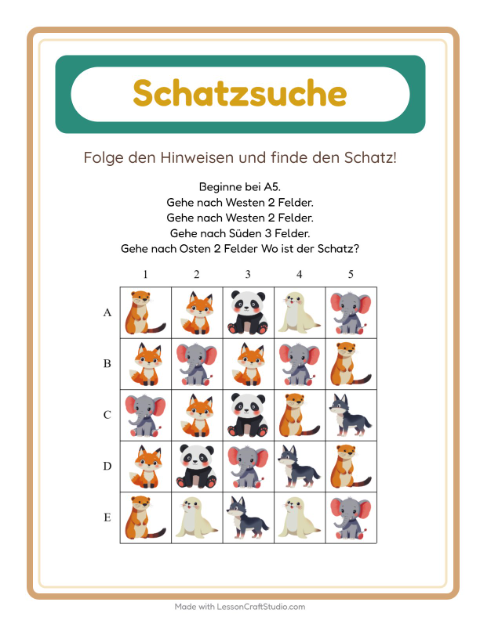 Vorschau: Schatzsuche-Arbeitsblatt mit Zootiere für 1. Klasse
