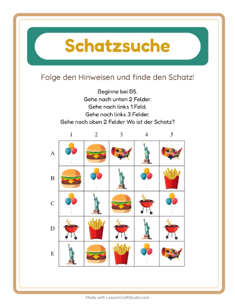 Vorschau: Schatzsuche-Arbeitsblatt mit 4. Juli für 1. Klasse