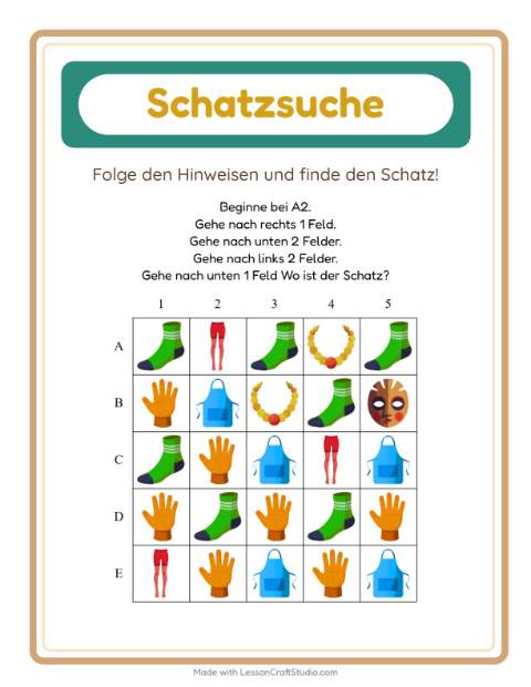 Vorschau: Schatzsuche-Arbeitsblatt mit Accessoires für 1. Klasse