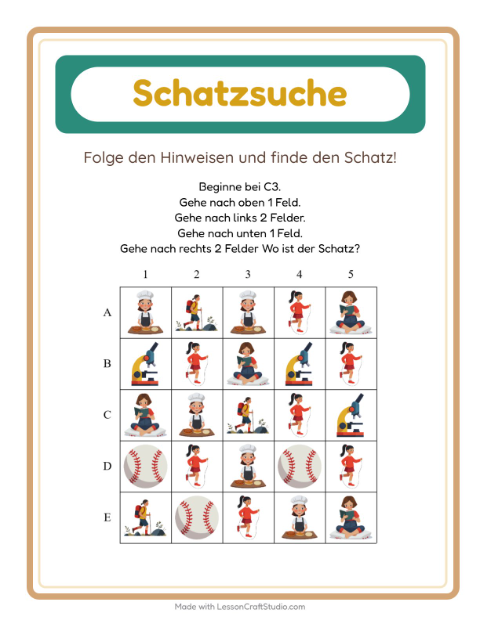 Vorschau: Schatzsuche-Arbeitsblatt mit Aktivitäten für 1. Klasse