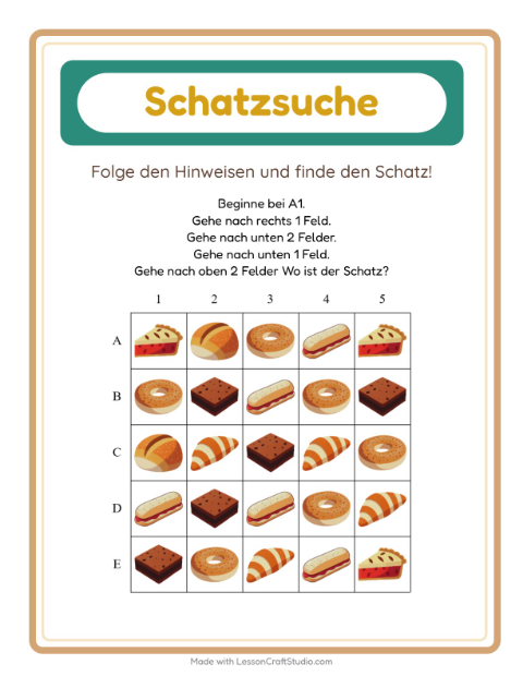 Vorschau: Schatzsuche-Arbeitsblatt mit Bäckerei für 1. Klasse