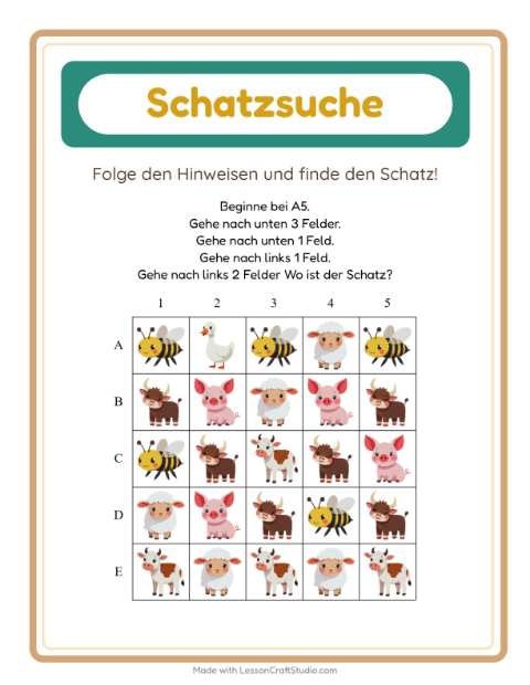 Vorschau: Schatzsuche-Arbeitsblatt mit Bauernhoftiere für 1. Klasse