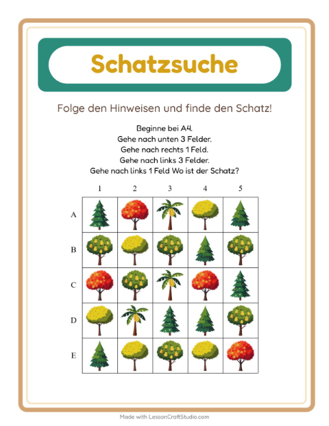 Vorschau: Schatzsuche-Arbeitsblatt mit Bäume für 1. Klasse