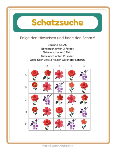 Vorschau: Schatzsuche-Arbeitsblatt mit Blumen für 1. Klasse
