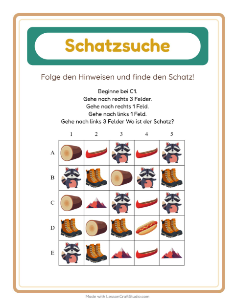 Vorschau: Schatzsuche-Arbeitsblatt mit Camping für 1. Klasse