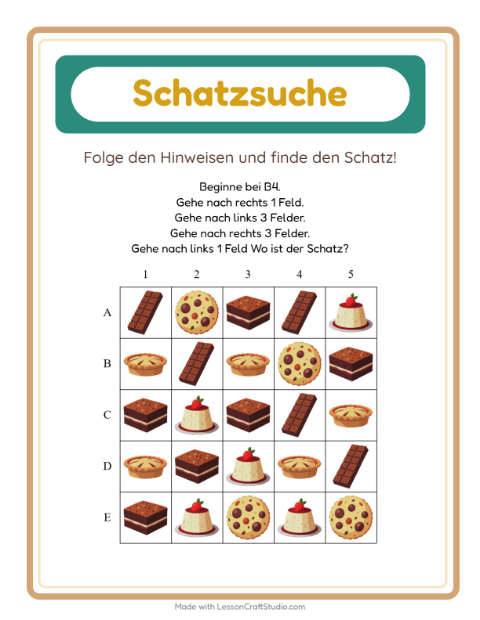 Vorschau: Schatzsuche-Arbeitsblatt mit Desserts und Süßigkeiten für 1. Klasse