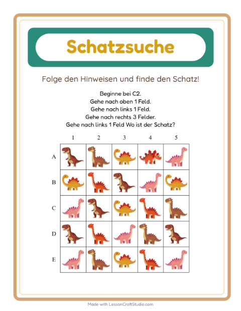 Vorschau: Schatzsuche-Arbeitsblatt mit Dinosaurier für 1. Klasse