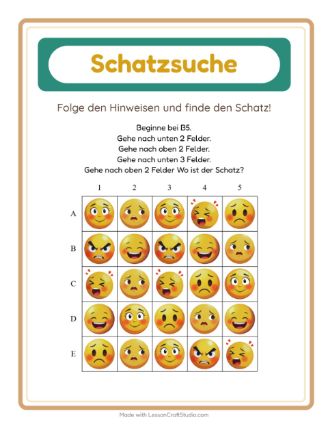 Vorschau: Schatzsuche-Arbeitsblatt mit Emotionen für 1. Klasse