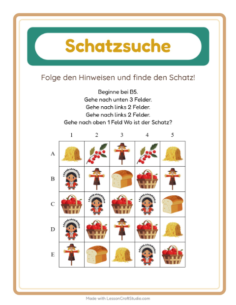 Vorschau: Schatzsuche-Arbeitsblatt mit Erntedankfest für 1. Klasse