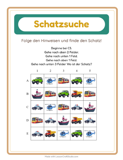 Vorschau: Schatzsuche-Arbeitsblatt mit Fahrzeuge für 1. Klasse