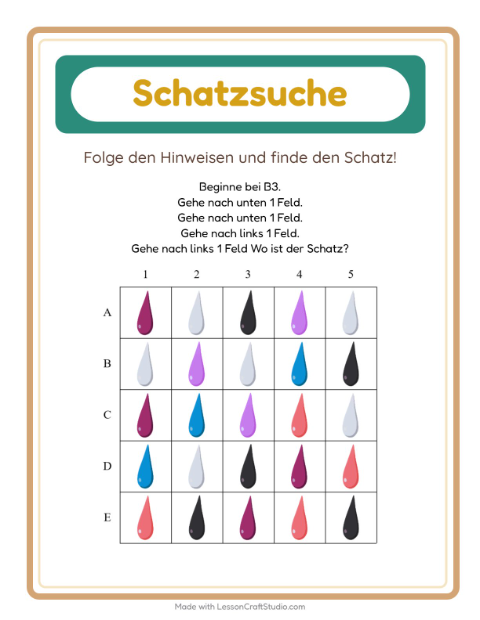 Vorschau: Schatzsuche-Arbeitsblatt mit Farben für 1. Klasse