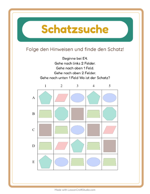 Vorschau: Schatzsuche-Arbeitsblatt mit Formen für 1. Klasse