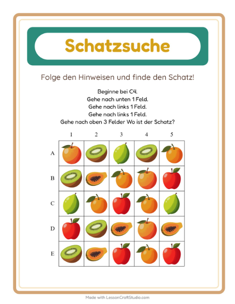 Vorschau: Schatzsuche-Arbeitsblatt mit Früchte für 1. Klasse