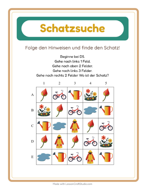 Vorschau: Schatzsuche-Arbeitsblatt mit Frühling für 1. Klasse