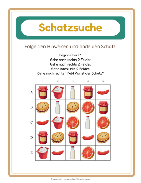 Vorschau: Schatzsuche-Arbeitsblatt mit Frühstück für 1. Klasse