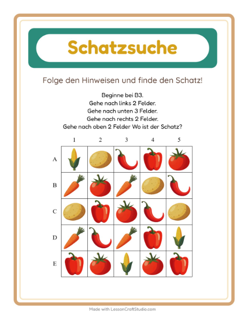 Vorschau: Schatzsuche-Arbeitsblatt mit Gemüse für 1. Klasse