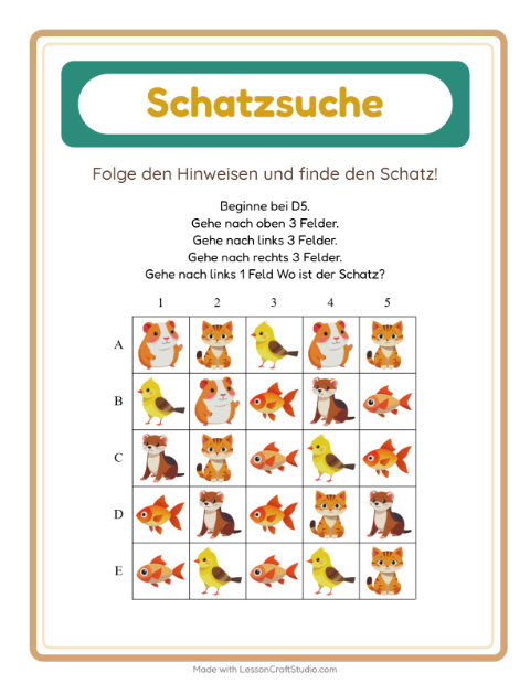 Vorschau: Schatzsuche-Arbeitsblatt mit Haustiere für 1. Klasse