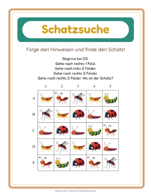 Vorschau: Schatzsuche-Arbeitsblatt mit Insekten und Käfer für 1. Klasse