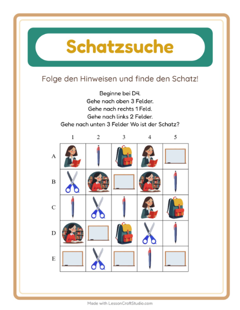 Vorschau: Schatzsuche-Arbeitsblatt mit Klassenzimmer für 1. Klasse