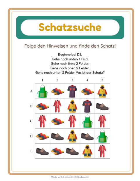 Vorschau: Schatzsuche-Arbeitsblatt mit Kleidung für 1. Klasse