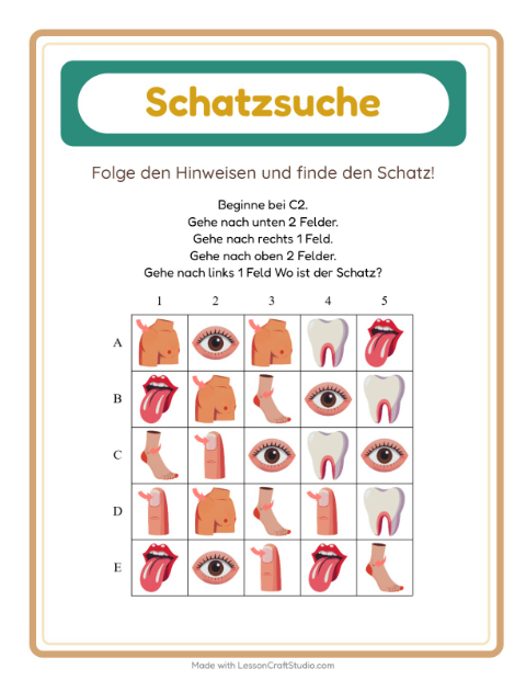 Vorschau: Schatzsuche-Arbeitsblatt mit Körperteile für 1. Klasse