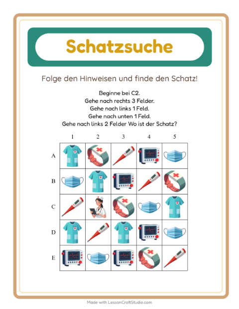 Vorschau: Schatzsuche-Arbeitsblatt mit Krankenhaus für 1. Klasse