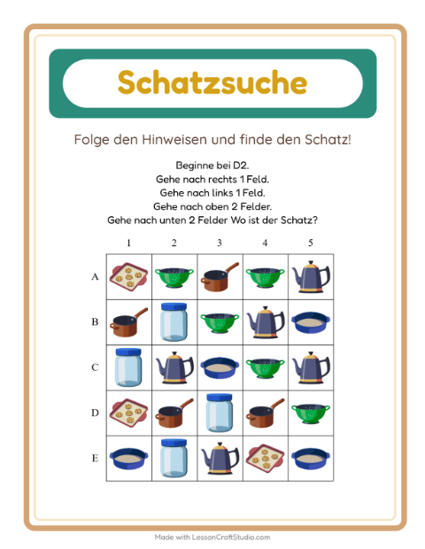 Vorschau: Schatzsuche-Arbeitsblatt mit Küchenwerkzeuge für 1. Klasse