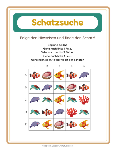 Vorschau: Schatzsuche-Arbeitsblatt mit Meeresleben für 1. Klasse