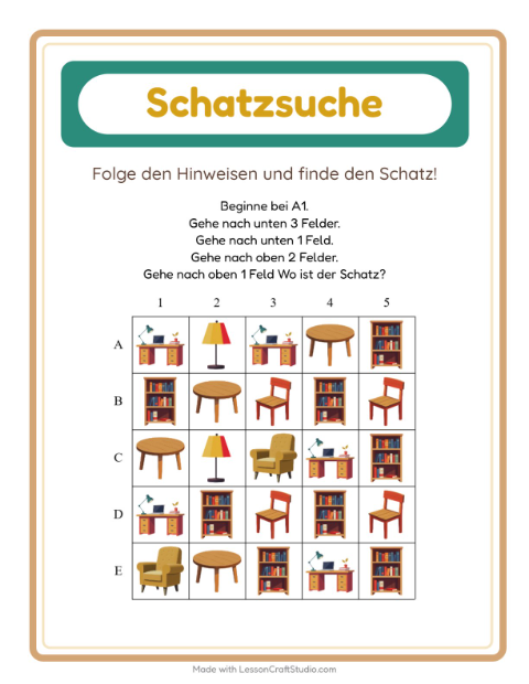 Vorschau: Schatzsuche-Arbeitsblatt mit Möbel für 1. Klasse