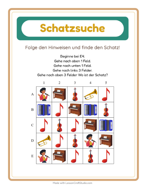 Vorschau: Schatzsuche-Arbeitsblatt mit Musik für 1. Klasse