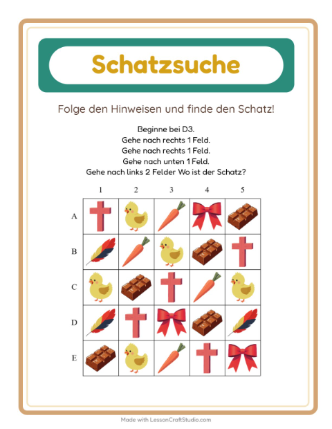 Vorschau: Schatzsuche-Arbeitsblatt mit Ostern für 1. Klasse