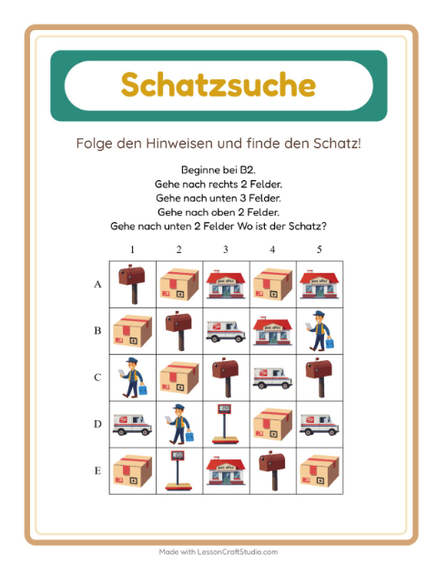 Vorschau: Schatzsuche-Arbeitsblatt mit Postamt für 1. Klasse