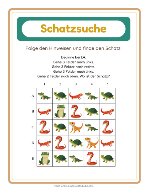 Vorschau: Schatzsuche-Arbeitsblatt mit Reptilien und Amphibien für 1. Klasse