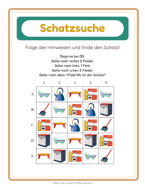 Vorschau: Schatzsuche-Arbeitsblatt mit Rund ums Haus für 1. Klasse